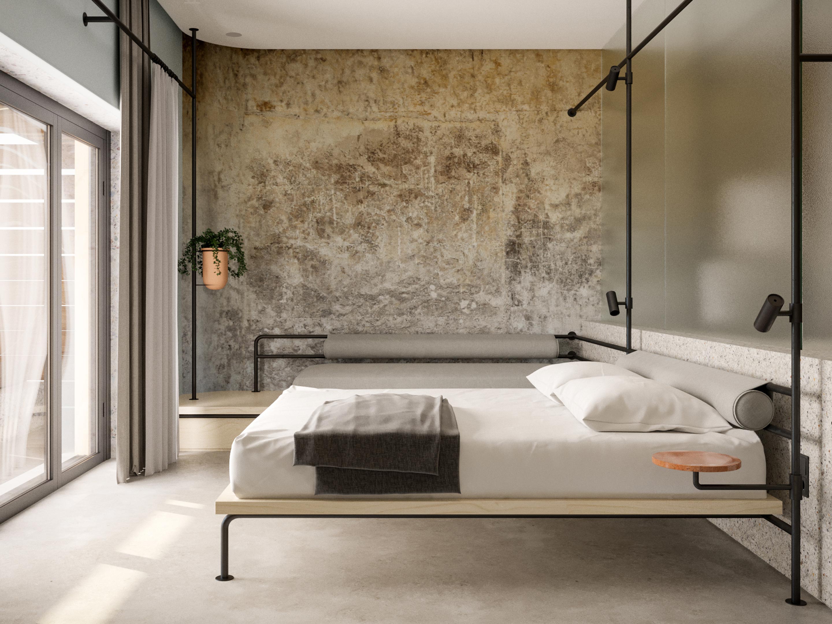 Dexamenes seaside hotel bedroom interior design in Kourouta